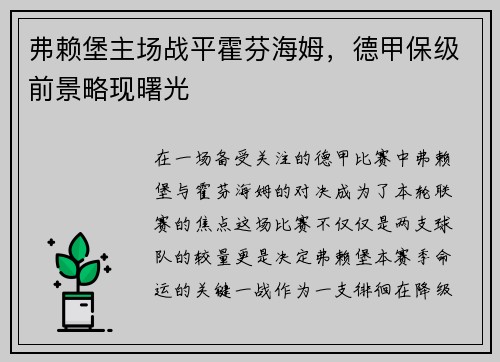 弗赖堡主场战平霍芬海姆，德甲保级前景略现曙光